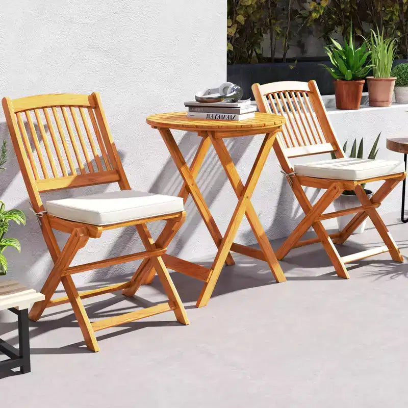 Costway Ensemble bistro de patio 3 pièces en bois d'acacia - Table et chaises pliantes avec coussins Beige/Bleu marine