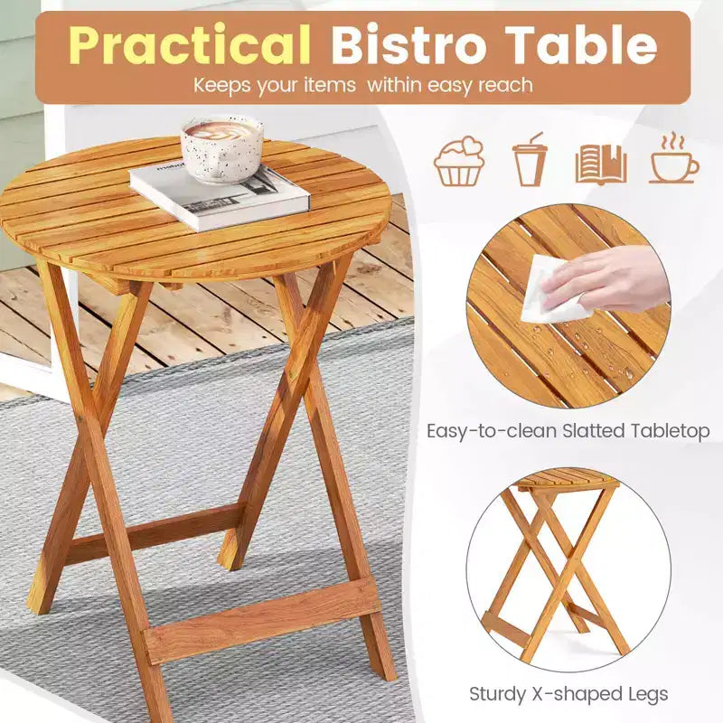 Costway Ensemble bistro de patio 3 pièces en bois d'acacia - Table et chaises pliantes avec coussins Beige/Bleu marine
