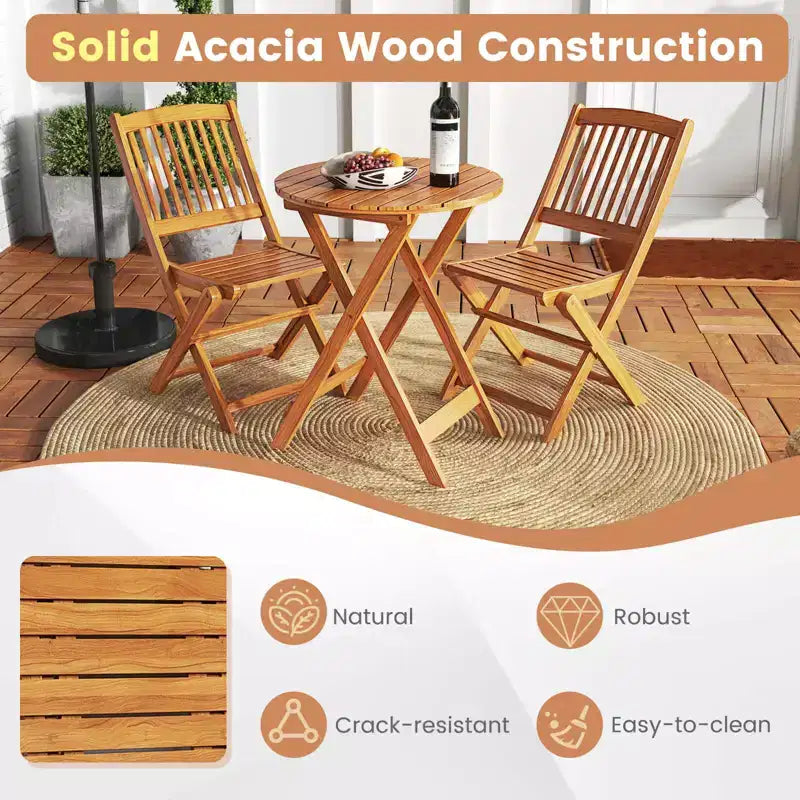Costway Ensemble bistro de patio 3 pièces en bois d'acacia - Table et chaises pliantes avec coussins Beige/Bleu marine