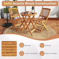 Costway Ensemble bistro de patio 3 pièces en bois d'acacia - Table et chaises pliantes avec coussins Beige/Bleu marine