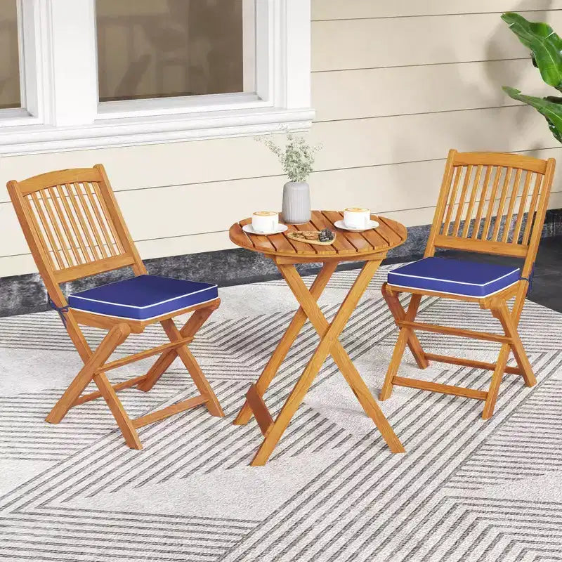 Costway Ensemble bistro de patio 3 pièces en bois d'acacia - Table et chaises pliantes avec coussins Beige/Bleu marine