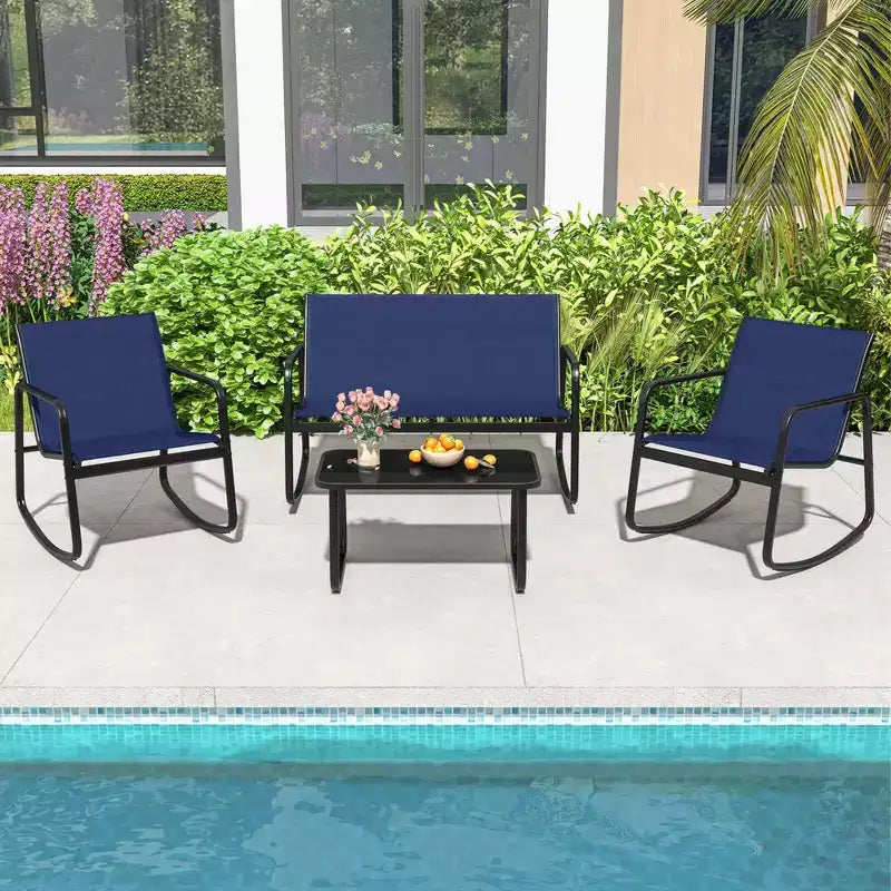 Costway Ensemble de 4/8 pièces à bascule pour terrasse 4 fauteuils à bascule et causeuse avec table à plateau en verre Bleu marine extérieur