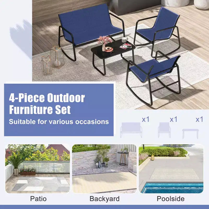 Costway Ensemble de 4/8 pièces à bascule pour terrasse 4 fauteuils à bascule et causeuse avec table à plateau en verre Bleu marine extérieur