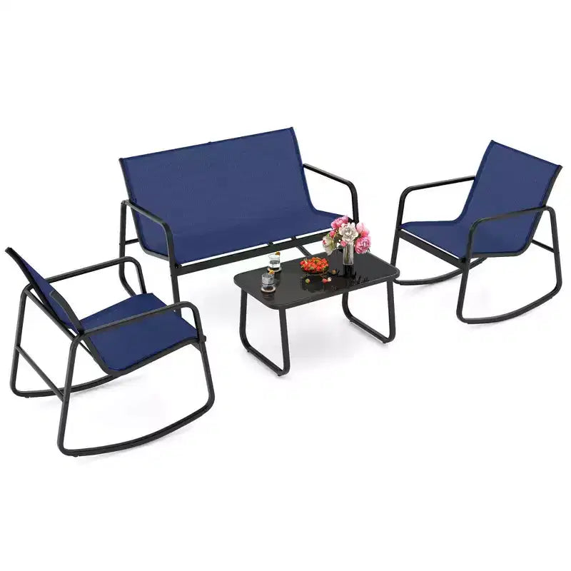 Costway Ensemble de 4/8 pièces à bascule pour terrasse 4 fauteuils à bascule et causeuse avec table à plateau en verre Bleu marine extérieur