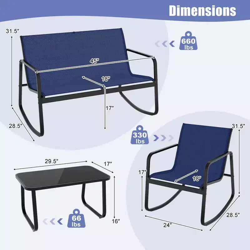Costway Ensemble de 4/8 pièces à bascule pour terrasse 4 fauteuils à bascule et causeuse avec table à plateau en verre Bleu marine extérieur