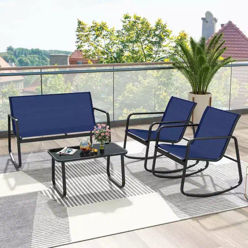 Costway Ensemble de 4/8 pièces à bascule pour terrasse 4 fauteuils à bascule et causeuse avec table à plateau en verre Bleu marine extérieur
