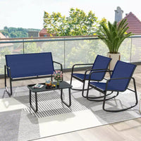 Costway Ensemble de 4/8 pièces à bascule pour terrasse 4 fauteuils à bascule et causeuse avec table à plateau en verre Bleu marine extérieur