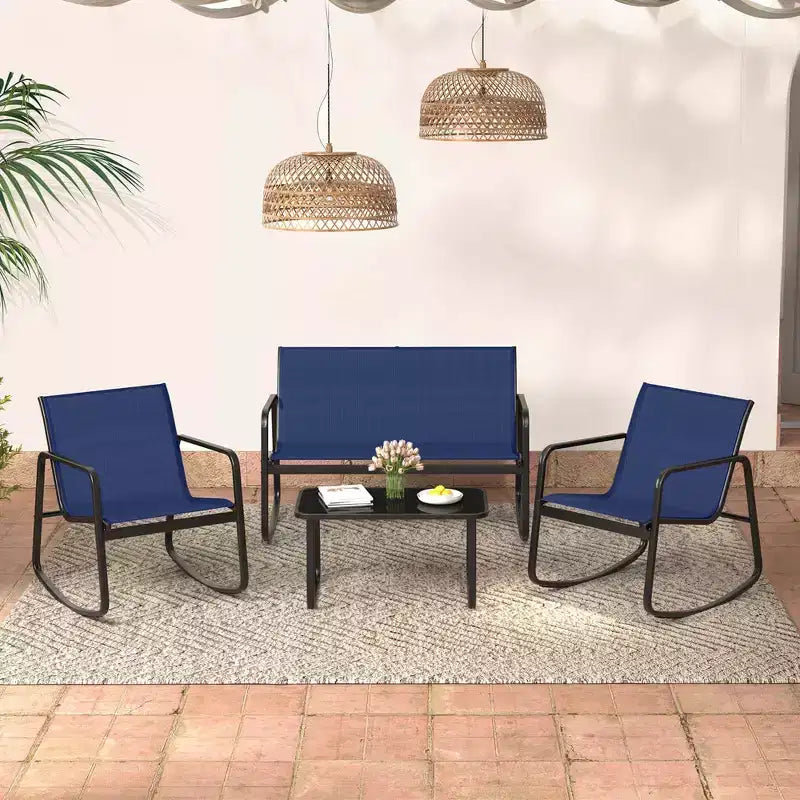 Costway Ensemble de 4/8 pièces à bascule pour terrasse 4 fauteuils à bascule et causeuse avec table à plateau en verre Bleu marine extérieur