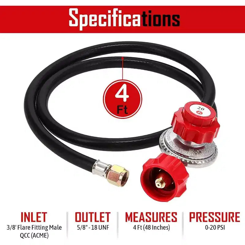 Régulateur de propane GasOne 4 pieds haute pression 0-20 PSI réglable avec tuyau de type QCC-1, rouge