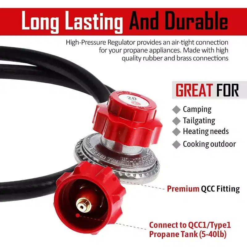 Régulateur de propane GasOne 4 pieds haute pression 0-20 PSI réglable avec tuyau de type QCC-1, rouge
