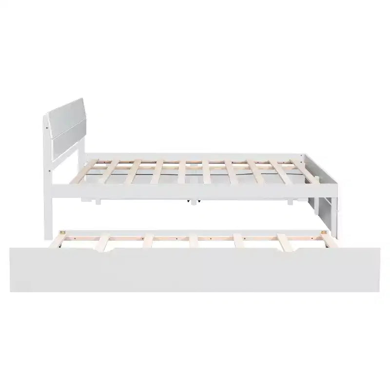 Cadre de lit double moderne Whisen avec tête et pied de lit blanc brillant, avec lit gigogne ou tiroirs, design peu encombrant