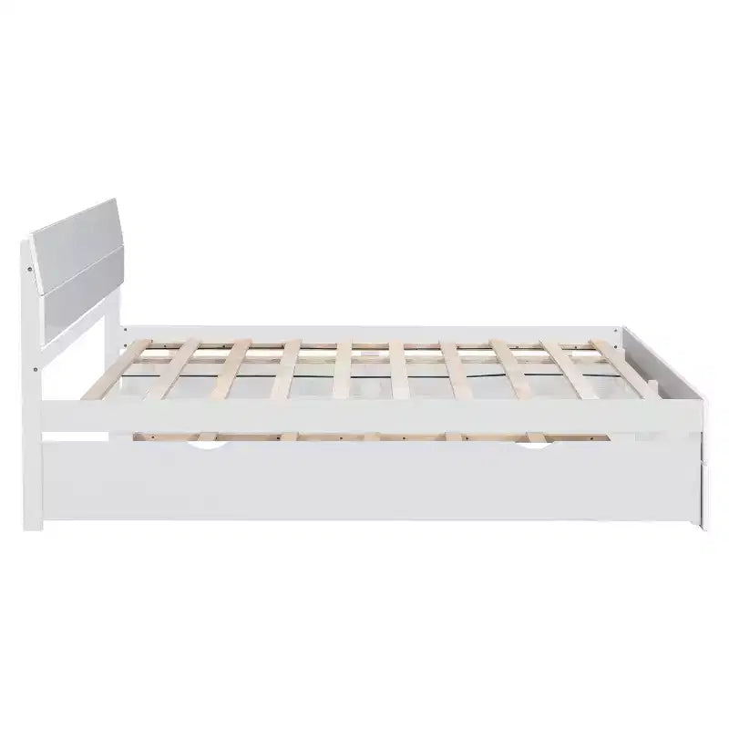 Cadre de lit double moderne Whisen avec tête et pied de lit blanc brillant, avec lit gigogne ou tiroirs, design peu encombrant