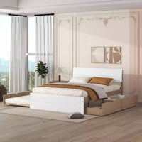 Cadre de lit double moderne Whisen avec tête et pied de lit blanc brillant, avec lit gigogne ou tiroirs, design peu encombrant