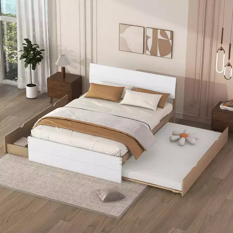 Cadre de lit double moderne Whisen avec tête et pied de lit blanc brillant, avec lit gigogne ou tiroirs, design peu encombrant