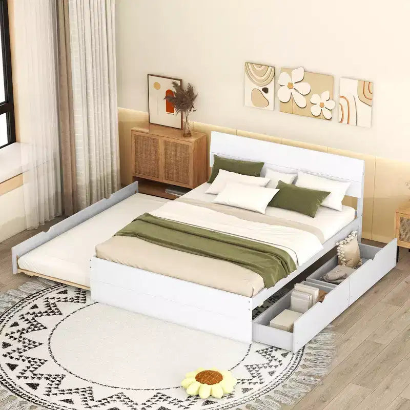 Cadre de lit double moderne Whisen avec tête et pied de lit blanc brillant, avec lit gigogne ou tiroirs, design peu encombrant