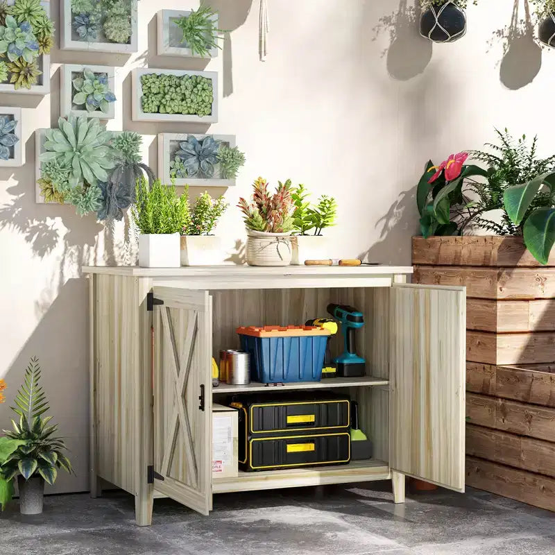 Outsunny Armoire de rangement d'extérieur en bois, abri de jardin compact, abri d'empotage avec etagère et double porte