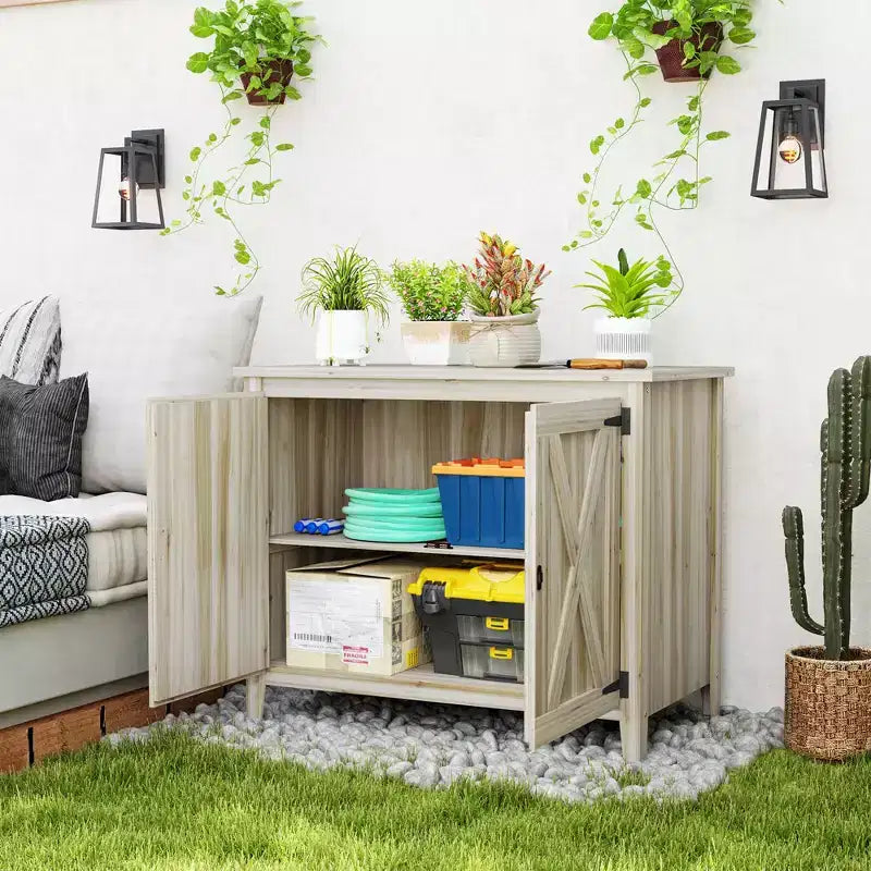 Outsunny Armoire de rangement d'extérieur en bois, abri de jardin compact, abri d'empotage avec etagère et double porte