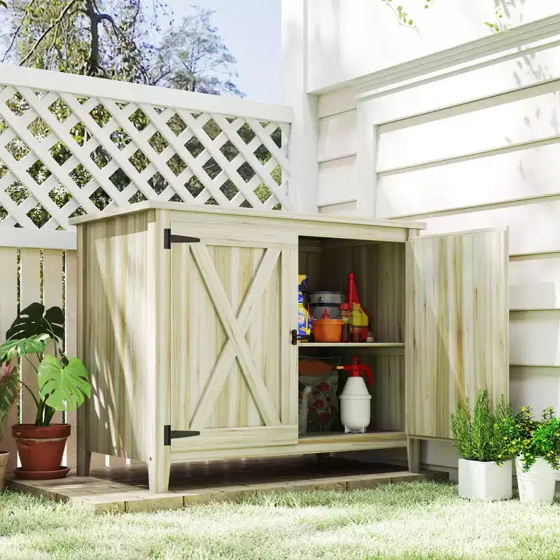 Outsunny Armoire de rangement d'extérieur en bois, abri de jardin compact, abri d'empotage avec etagère et double porte