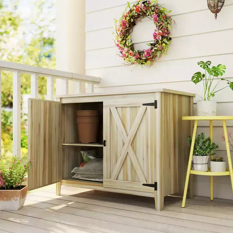 Outsunny Armoire de rangement d'extérieur en bois, abri de jardin compact, abri d'empotage avec etagère et double porte