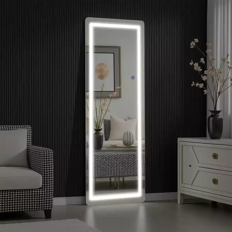 Miroir pleine longueur LED en aluminium sans cadre argenté avec coins arrondis