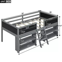 Lit mezzanine bas Whisen de 198 cm (78 po) de long x 99 cm (39 po) de large, format jumeau, avec deux étagères mobiles et une échelle, et une barrière décorative tableau noir