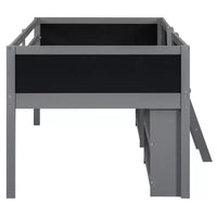 Lit mezzanine bas Whisen de 198 cm (78 po) de long x 99 cm (39 po) de large, format jumeau, avec deux étagères mobiles et une échelle, et une barrière décorative tableau noir