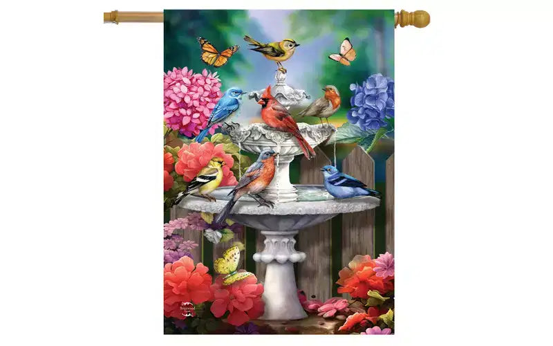 Briarwood Lane Drapeau de maison de printemps 40x28 pour extérieur, oiseaux de bain de printemps