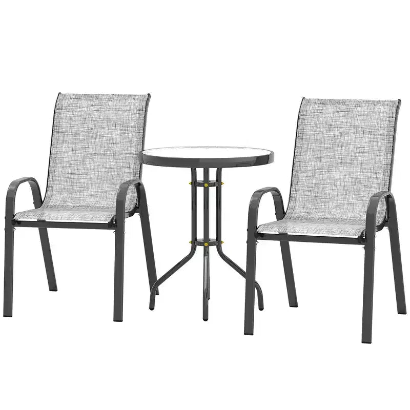 Outsunny Ensemble Bistrot d'extérieur 3 pièces, Mobilier de Jardin avec Chaises Empilables et Table en Verre, Petit Salon de Jardin Dossier Haut pour Balcon, Porche