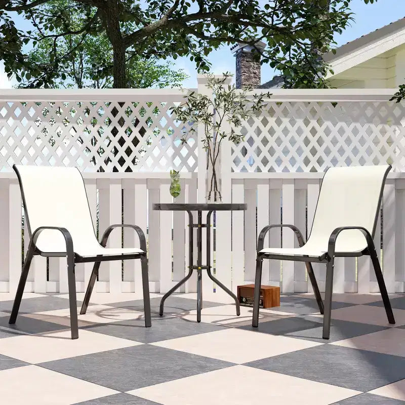 Outsunny Ensemble Bistrot d'extérieur 3 pièces, Mobilier de Jardin avec Chaises Empilables et Table en Verre, Petit Salon de Jardin Dossier Haut pour Balcon, Porche