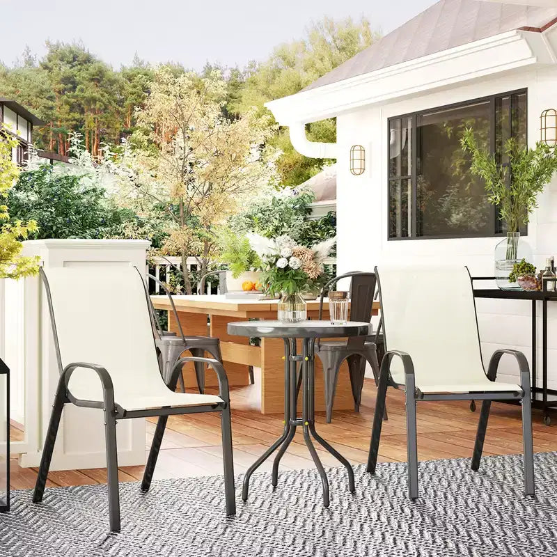 Outsunny Ensemble Bistrot d'extérieur 3 pièces, Mobilier de Jardin avec Chaises Empilables et Table en Verre, Petit Salon de Jardin Dossier Haut pour Balcon, Porche
