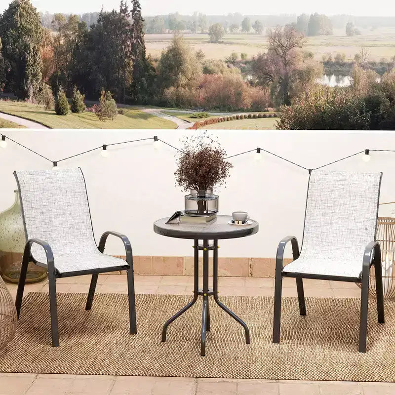 Outsunny Ensemble Bistrot d'extérieur 3 pièces, Mobilier de Jardin avec Chaises Empilables et Table en Verre, Petit Salon de Jardin Dossier Haut pour Balcon, Porche