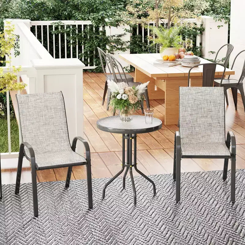 Outsunny Ensemble Bistrot d'extérieur 3 pièces, Mobilier de Jardin avec Chaises Empilables et Table en Verre, Petit Salon de Jardin Dossier Haut pour Balcon, Porche