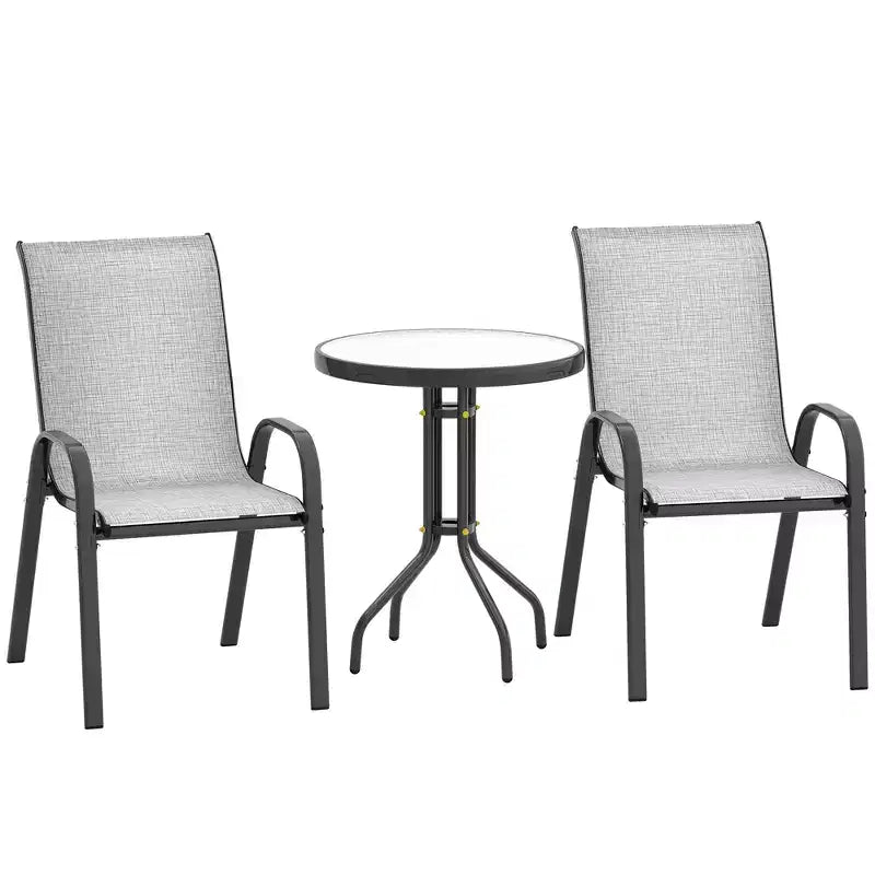 Outsunny Ensemble Bistrot d'extérieur 3 pièces, Mobilier de Jardin avec Chaises Empilables et Table en Verre, Petit Salon de Jardin Dossier Haut pour Balcon, Porche