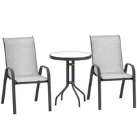 Outsunny Ensemble Bistrot d'extérieur 3 pièces, Mobilier de Jardin avec Chaises Empilables et Table en Verre, Petit Salon de Jardin Dossier Haut pour Balcon, Porche