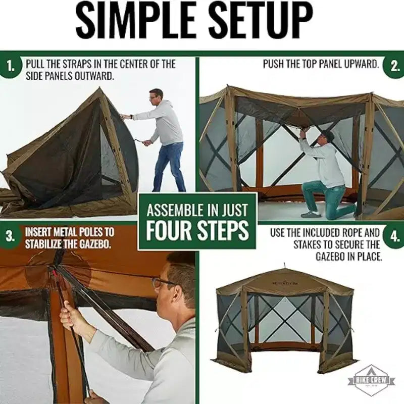 Tonnelle escamotable 12 x 12 Hike Crew, auvent de tente d'extérieur à 6 côtés avec piquets, cordes et plus