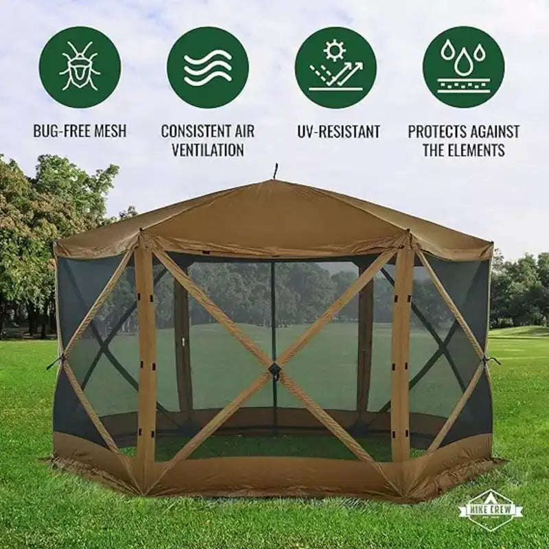 Tonnelle escamotable 12 x 12 Hike Crew, auvent de tente d'extérieur à 6 côtés avec piquets, cordes et plus