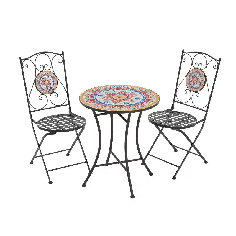 Christopher Knight Home Priscilla Ensemble bistro pliable d'extérieur 3 pièces en carrelage céramique et fer, Noir/Rouge