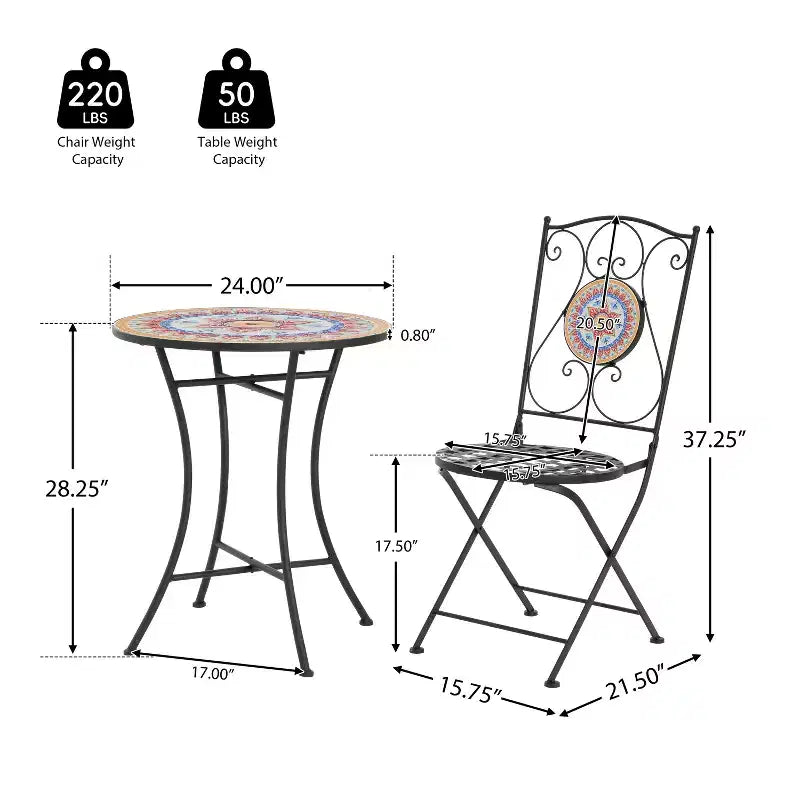 Christopher Knight Home Priscilla Ensemble bistro pliable d'extérieur 3 pièces en carrelage céramique et fer, Noir/Rouge
