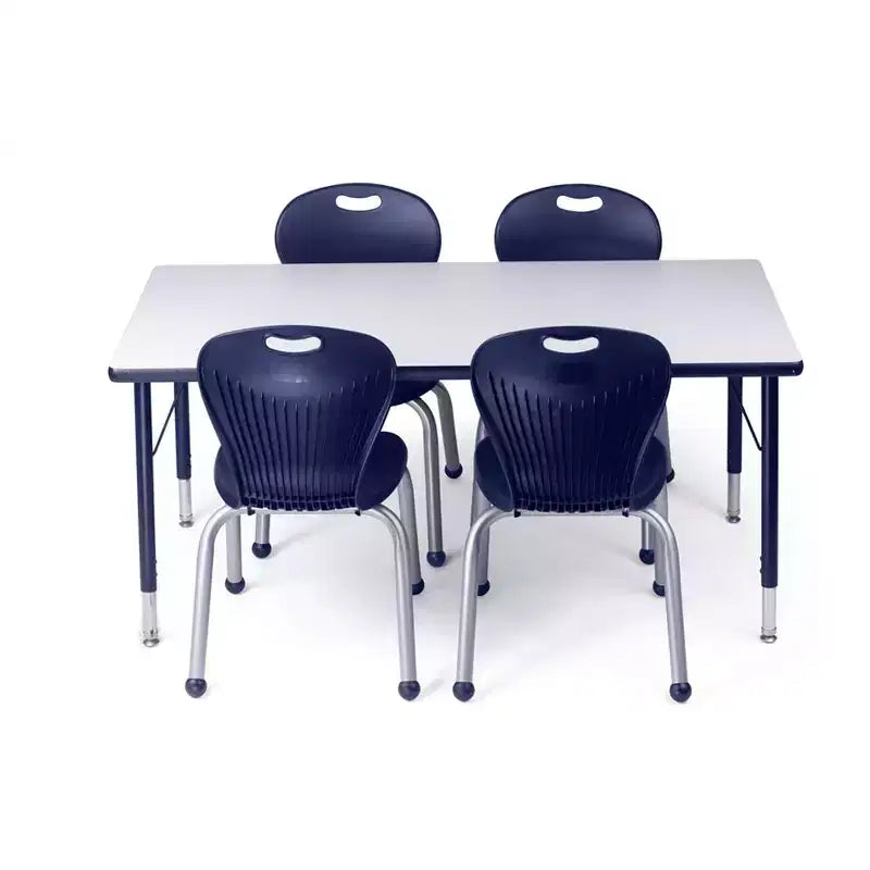 Ensemble table et chaises d'activité Bintiva 24x48, table à bord pulvérisé noir à pieds réglables et 4 chaises de classe ZUUL 14 bleues