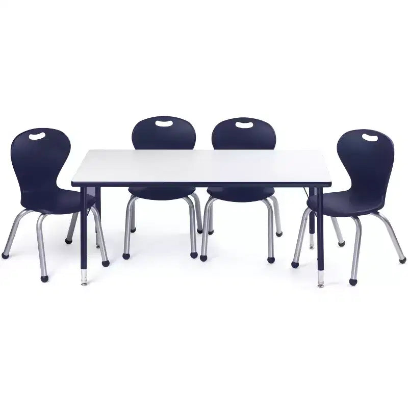 Ensemble table et chaises d'activité Bintiva 24x48, table à bord pulvérisé noir à pieds réglables et 4 chaises de classe ZUUL 14 bleues