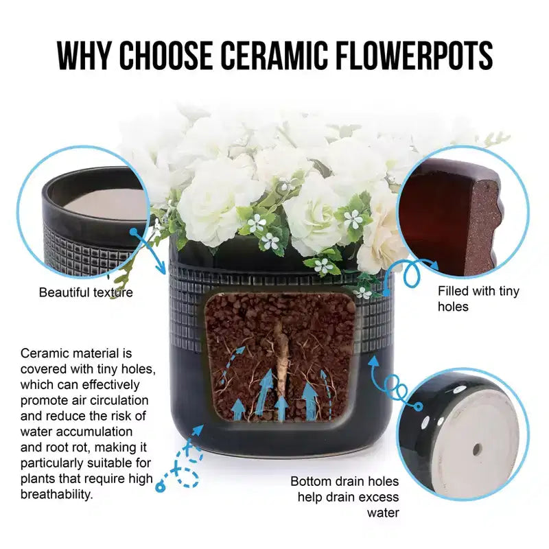 MAYEERTY Pot de fleurs en ceramique 3 pièces, jardinière moderne noire pour patio, jardin et rebords de fenêtre
