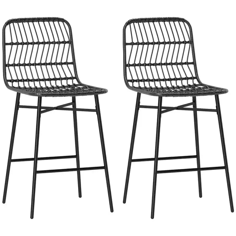 HOMCOM tabourets de bar hauteur comptoir en rotin lot de 2, 26 tabourets de bar en osier avec dossier, chaises de bar pour îlot de cuisine, comptoir de cuisine, salle à manger, noir