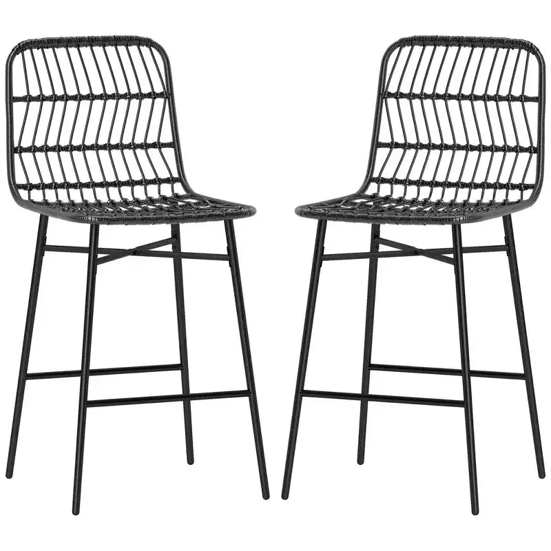 HOMCOM tabourets de bar hauteur comptoir en rotin lot de 2, 26 tabourets de bar en osier avec dossier, chaises de bar pour îlot de cuisine, comptoir de cuisine, salle à manger, noir