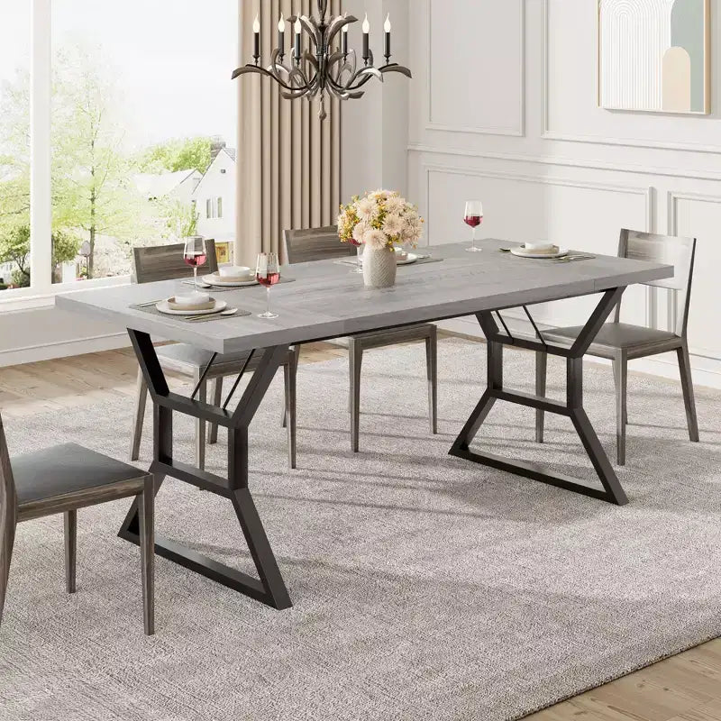 Table de salle à manger WhizMax pour 6-8 personnes, table de cuisine rectangulaire en bois de 180 cm avec pieds en métal, table de salle à manger pour salle à manger, cuisine, marron