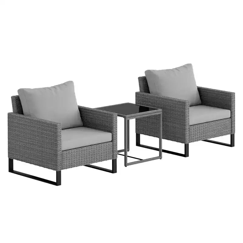 Ensemble de meubles de patio Outsunny 3 pièces, ensemble bistro en osier avec 4 coussins, chaises en rotin et table basse en verre pour jardin, véranda, balcon, gris