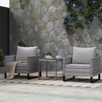Ensemble de meubles de patio Outsunny 3 pièces, ensemble bistro en osier avec 4 coussins, chaises en rotin et table basse en verre pour jardin, véranda, balcon, gris