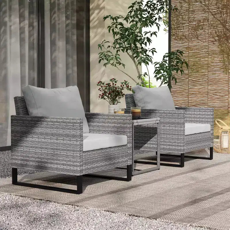Ensemble de meubles de patio Outsunny 3 pièces, ensemble bistro en osier avec 4 coussins, chaises en rotin et table basse en verre pour jardin, véranda, balcon, gris