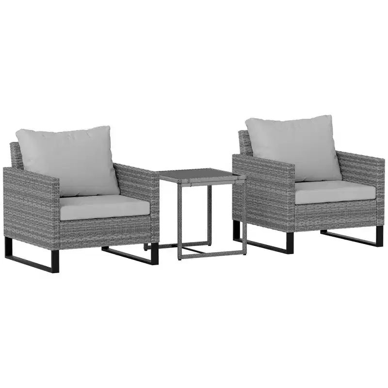 Ensemble de meubles de patio Outsunny 3 pièces, ensemble bistro en osier avec 4 coussins, chaises en rotin et table basse en verre pour jardin, véranda, balcon, gris