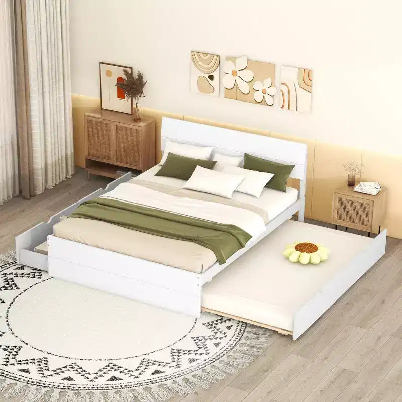 Lit Plateforme Moderne GDFStudio Julie en Bois Massif Taille Double avec Lit Gigogne Taille Simple, 2 Tiroirs et Tête de Lit
