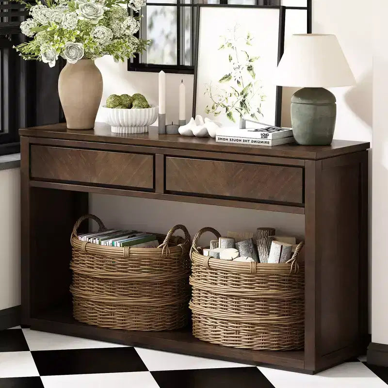 Table console rustique en bois avec tiroirs de rangement et étagère ouverte, élégante table d'entrée pour couloir et salon - ModernLuxe